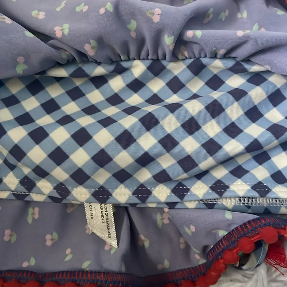Matilda Jane Kids Swim Bikini - Blue Gingham with Red Floral Accents
